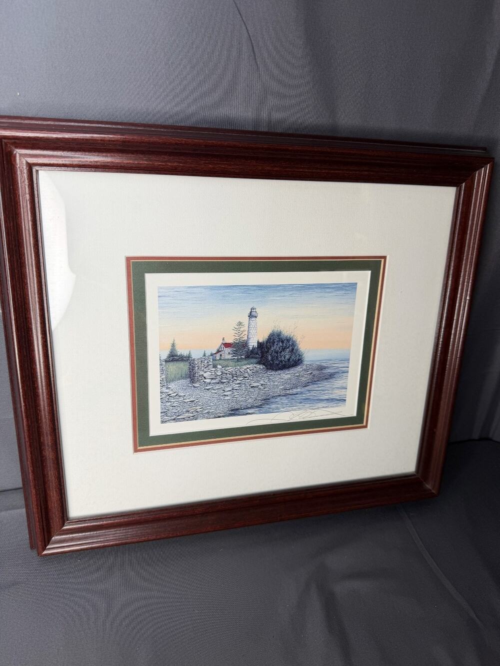 Signed Lighthouse Original Print by Fred Bridenhagen Wood Framed Matted